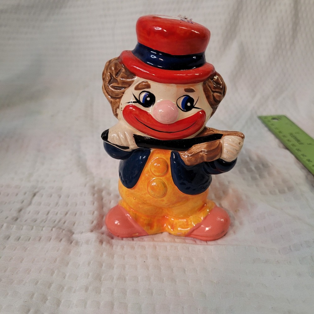 Vintage Ceramic Clown Coin Bank Hand Painted Violin Player Figurine 6 Inch